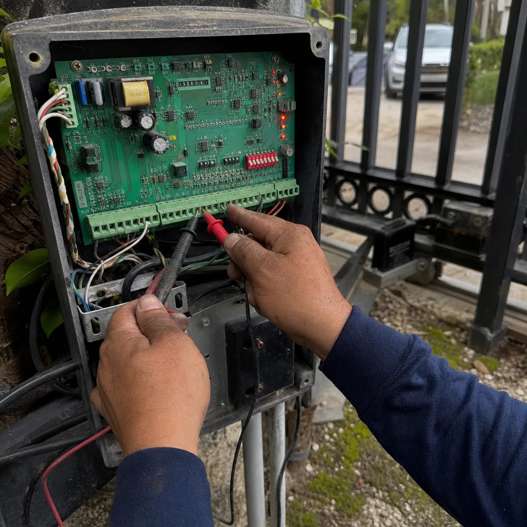 Technician performing professional electric gate repair and maintenance on a driveway gate