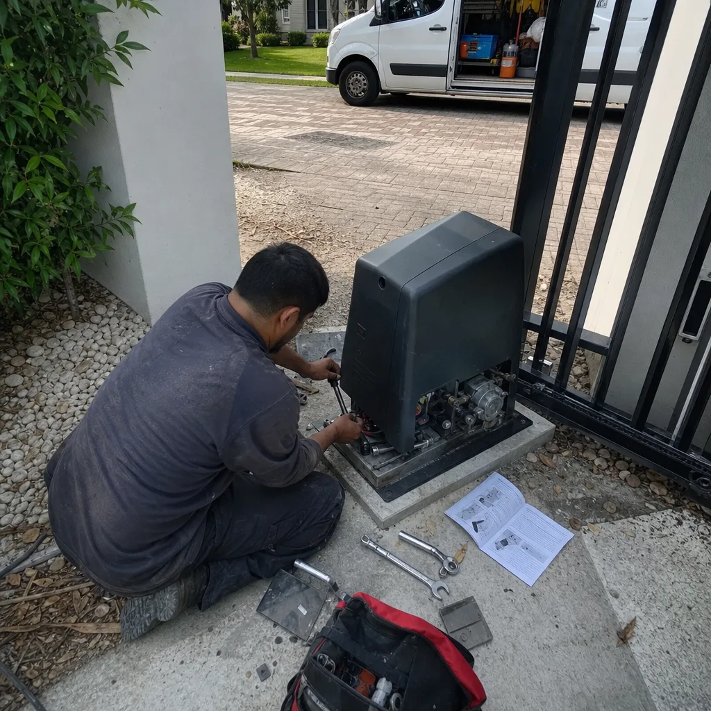 Technician performing professional electric gate repair and maintenance on driveway gate