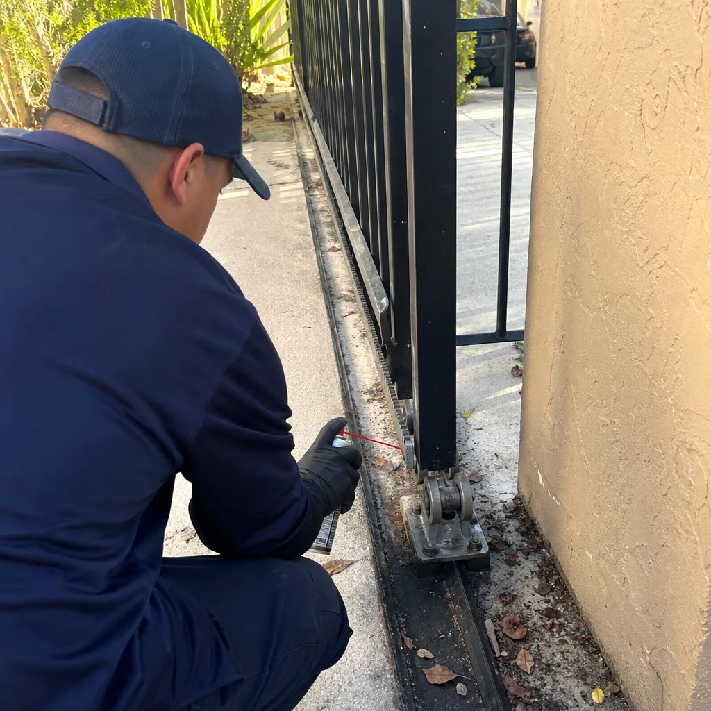 Technician performing professional gate opener repair on a sliding metal gate nationwide