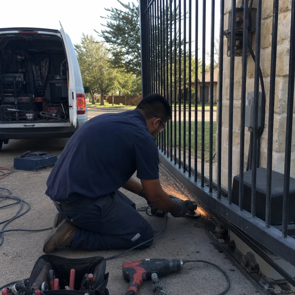Technician using an angle grinder to perform professional driveway gate repair.
