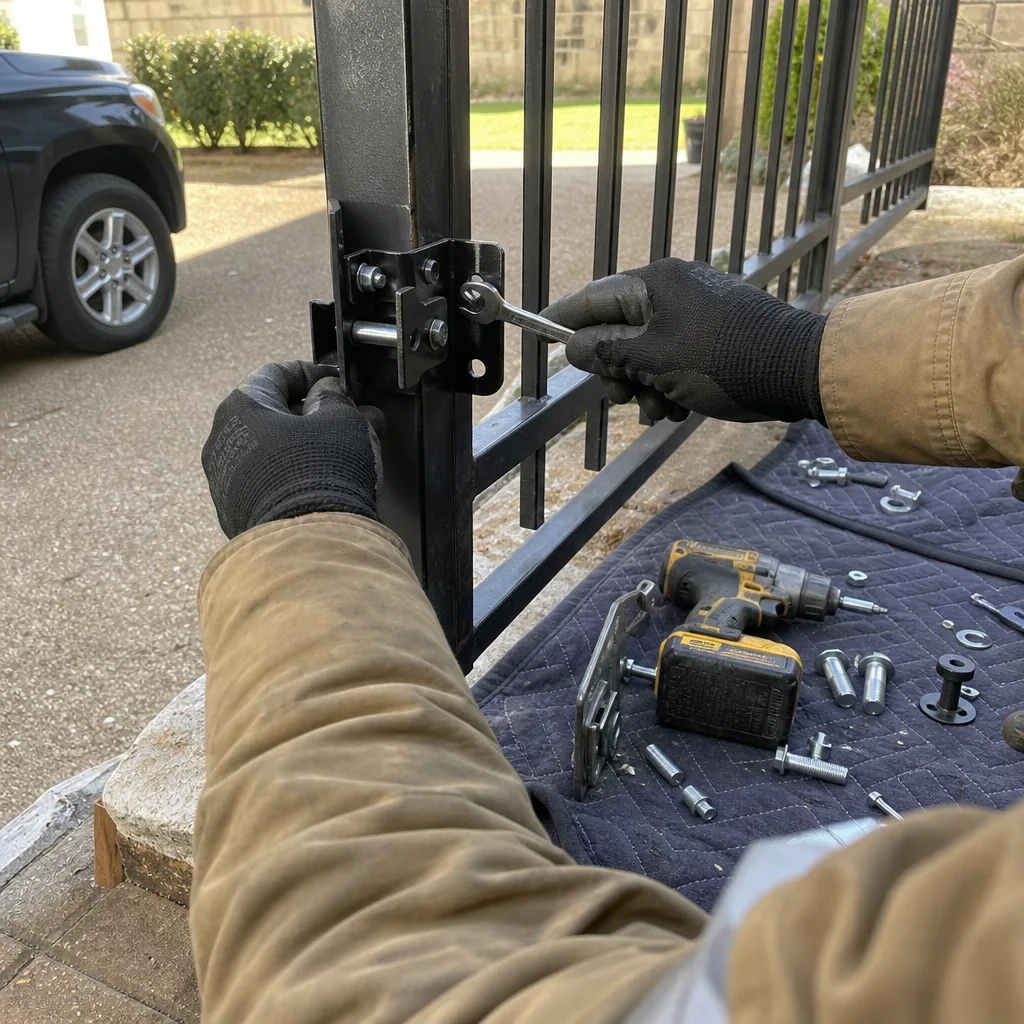 Technician using tools to perform professional metal driveway gate repair